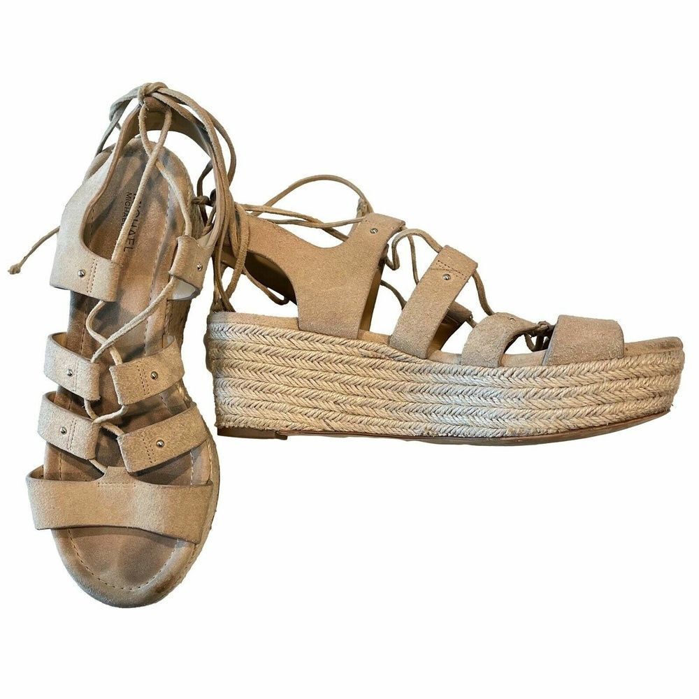 Michael Kors Womens Sofia Mid Wedge Bone Beige Suede Leather Open Toe Shoes 8